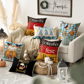 AVOIN colorlife Oktoberfest Prost Bavaria Throw Pillow Covers, 18 x 18 Inch Freistaat Bayern Sausage Beer and Pretzels German Flag Cushion Case for Sofa Couch Set of 4