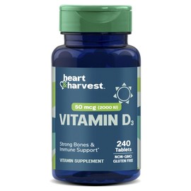 Heart & Harvest 50mcg 2000IU Vitamin D3 Tablets, 1, 240 Tablets / Heart & Harvest 50mcg 2000IU 비타민 D3 타블렛, 1개, 240정