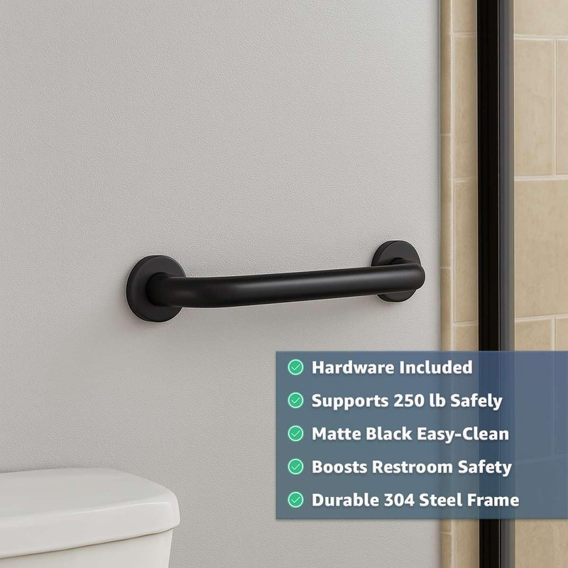 12" Matte Black Restroom Grab Bar - Stainless Steel Bathroom