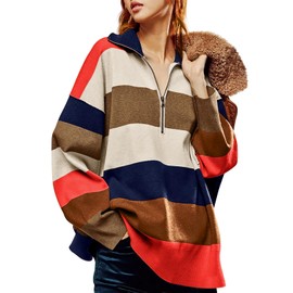 Yousify Oversized Sweaters for Women Half Zipper Cable Knit Striped Sweater Fall Winter Pullover Tops Coffee S