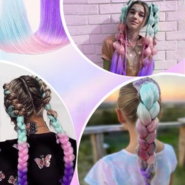 Pferdeschwanz-Extensions zum Flechten, 66 cm langes, gefärbtes Ombré-Kunsthaar mit Haargummi, Festival-Party-Haarteil (32 Stück)