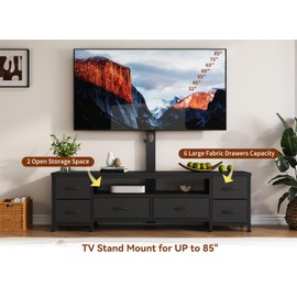 WODRAWER TV Stand with Mount, Entertainment Center for 32/55/65/75/85 inch TVs, Black Dresser with 6 Fabric Drawers Storage & Shelves