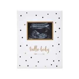 Pearhead Hello Baby First 5 Years Memory Book, Gender-Neutral Baby Keepsake for New and Expectant Parents, Pregnancy And Milestone Journal, Modern Minimalist Black and Gold Polka Dot
