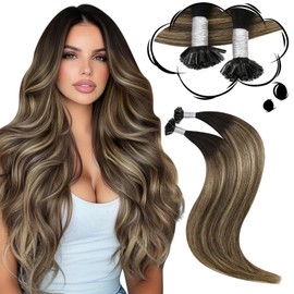Moresoo U Tip Hair Extensions Human Hair Natural Black to Dark Brown and Blonde Balayage Utip Hair Extensions Real Human Hair Dark Brown K Tip Hair Extensions Human Hair 16 inch 50g/50s