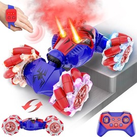 WOPD Spider RC car with spray, gesture sensing RC stunt car toy, 2.4Ghz hand-controlled drift car with lights and music - Colour: red and blue
