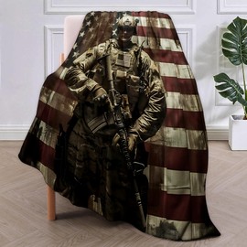 VANZEV Patriotic Soldier Flannel Blanket, Army Gifts, Military Blanket for Veteran Adults, Soft Lightweight American Flag Throw Blankets for Bed Home Decor 50" x 60"
