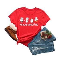 Meowy Christmas Shirt, Christmas Cat T-Shirt, Merry Christmas, Cat Lover Tees, Christmas Gift, Christmas Outfit For Baby Kids Women Men (ADULT L, RED)