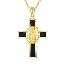 POPLYKE Gold Plated Virgin Mary Necklace for Women Men Sterling Silver Religious Christian Catholic Jewelry Black Onyx Stone Cross Medal Pendant Necklace