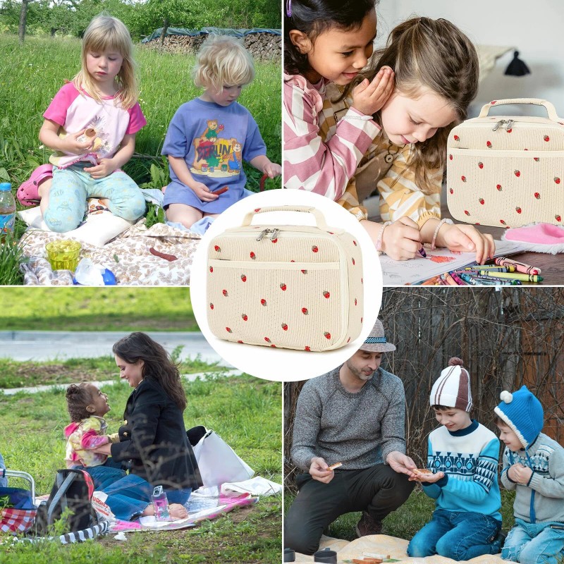 Bluboon Beige Corduroy Strawberry Lunch Box Insulated Cooler Bag for