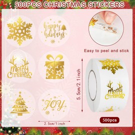 500Pcs Christmas Stickers Roll, Christmas Tree Snowflake Label Stickers Gold Foil Designs Self Adhesive Decoration Stickers Round Christmas Presents Cards Tag 1 inch Envelope Seal Holiday Stickers