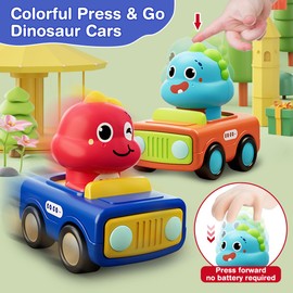 REMOKING Dinosaur Toys for 1 2 Year Old Boys, 4 Pack Baby Press and Go Cars for Toddlers 1-3, First Push Go Friction Play Vehicle Set,1st Birthday Gifts for Boys Girls 12 18 24 Months