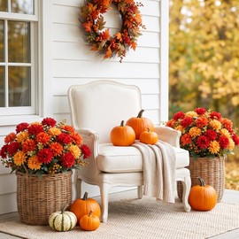 Sousi 10 Bunches Artificial Mums Flowers Outdoor, UV Resistant Orange Chrysanthemum Mums Bushes, Realistic Faux Silk Fall Flowers for Front Porch, Patio, Yard, Window Box Planter and Autumn Home Decor
