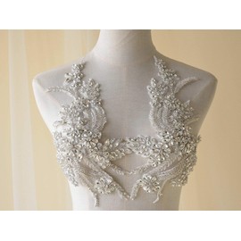 Sparkling Rhinestone Applique Handmade Heavy Beads Motif Diamante Crystal Lace Patch Craft DIY Sewing on Bridal Wedding Dress