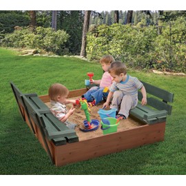 Badger Basket Covered Convertible Cedar Sandbox with Two Bench Seats Cedar Sandbox, Natural/Green, 46.5 x 46.5 x 9.5