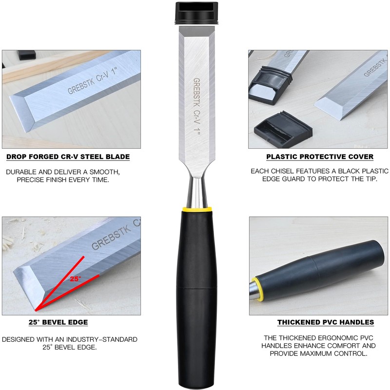 GREBSTK 9.5in Wood Chisel Set for Woodworking, 4pcs Chrome Vanadium