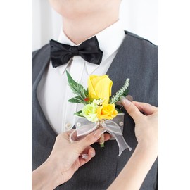 Floinla Yellow Corsage and Boutonniere Set for Wedding Prom, Artificial Rose Flower Homecoming Corsage Wristlet, Boutonniere for Men Wedding Suit Decor