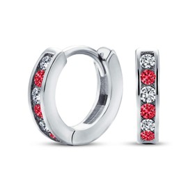 Red White Alternating Cubic Zirconia CZ Channel Set Small Huggie Hoop Earrings For Women Men .925 Sterling Silver