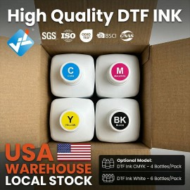 USA Warehouse Premium DTF Ink CMYK Per Carton Inkjet Printer Water-Based Pigment Ink for CMYK & White DTF PrintingColor: DTF Ink Cyan Magenta Yellow Black 4 Bottles Per Carton