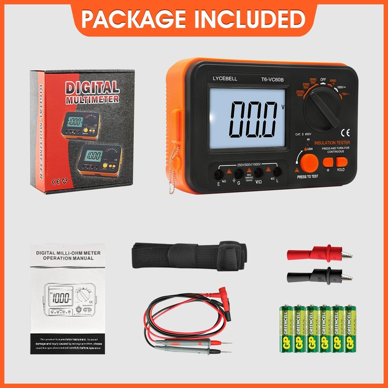 LYCEBELL Digital Insulation Resistance Tester LC-VC60B Megohmmeter 0.1~200 MΩ Insulation