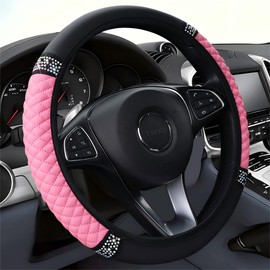 YSFKJ Funda de piel suave para volante de automóvil, universal, de 15 pulgadas, diamantes de imitación coloridos, antideslizantes, elásticas, para la mayoría de los autos, diamantes de vidrio brillantes para mujeres y niñas (rosa)