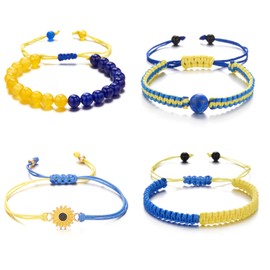 Pingyongchang Ukraine Flag Bracelet with Natural Crystal Bracelet Adjustable Bangles Set Ukrainian Yellow Blue Bracelet Hand Braided Bracelet for Men Women Unisex-4pcs