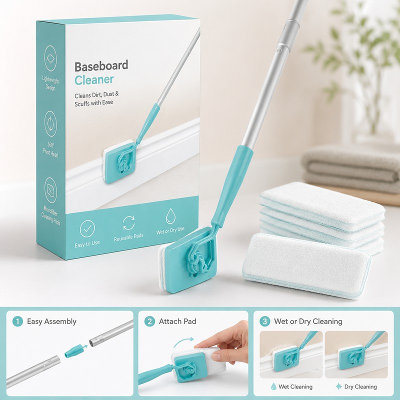 Baseboard Cleaner Mop for Easy Dusting – Long Handle 360°