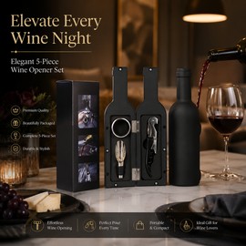 3/5-Piece Wine Opener Accessory Set – Stainless Steel Corkscrew, Foil Cutter, Pourer & Stopper in Bottle-Shaped Case