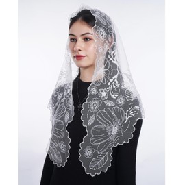 Bozidol Veils for Church Catholic, Triangle White Our Lady of Guadalupe with Floral Embroidered Lace Mantilla Chapel Veil, Latin Mass Prayer Head Coverings for Women