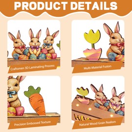 Happy Easter Decorations with LED Lights, Wooden Easter Decor Gifts for Table, Lighted Happy Easter Sign with Bunny, Carrots, Tulip and Easter Eggs, for Spring Mantel, Tiered Tray, Home Desk 8.6 inch