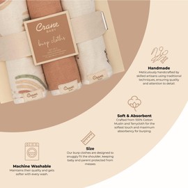 Crane Baby Muslin Baby Burp Cloths, Lightweight Absorbent Burp Cloth, Rainbow/Butterfly, Set of 3, 7” x 20”, Newborn Baby Essentials, Burp Cloths Baby Boy, Burp Cloths Baby Girl, Newborn Essentials