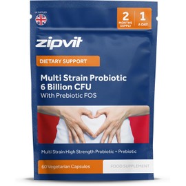 Zipvit Probiotic 6 Billion CFU with Prebiotic Pouch, Multi Strain Probiotics for Gut Health, 5 Strains Including Lactobacillus Acidophilus, 60 Vegetarian Capsules for Women & Men, 2 Month Supply