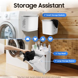 MOCHAG 2 Tier Laundry Basket With Wheels, Movable Household Plastic Laundry Hamper Bathroom Clothes Storage Basket, Floor-Standing Hand-Held Organization for Bedroom, Laundry Table, 17x12x29Inches