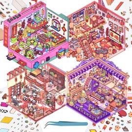 4 Sets DIY 3D Fun Mini House Scenes Stickers with Tweezers Make Your Own Chinese New Year Snake Panda Picabara Room Stickers Scenes Cute Micro Room Craft Stickers for Relief Stress Pass The Time