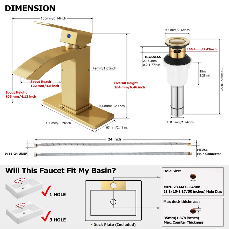 EZANDA Brass Waterfall Bathroom Faucet with Extra Large Rectangular Spout,