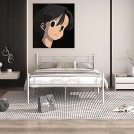 VECELO White Queen Bed Frame with Headboard/Metal Platform Base/Mattress Foundation/Steel Slat Support/No Box Spring Needed/Easy Assembly