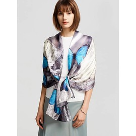 ANDANTINO 100% Mulberry Silk Long Scarf for Women Large Shawls for Headscarf and Neck- Oblong Hair Wraps with Gift Packed …, Blue Butterflies, Large