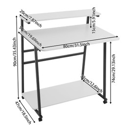 Mobile Rolling Computer Desk, Folding Laptop Table with Storage Shelves, 3-Tier Tiny Desk Study Desk with Wheels for Home Office Bedroom Living Room Small Spaces (Black+White)