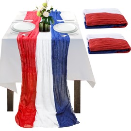 Jeyeou 2PCS 4th of July Table Runner,Vintage Red White and Blue Table Runner Cheesecloth for Memorial Day Labor Day Independence Day Veterans Day Patriotic Party Decoration for Indoor Outdoor 118Inch