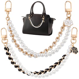 HINZIC 2Pcs Pearl Purse Chain Extender 10inch Black Gold Handbag Straps Cute Flower Metal Shoulder Crossbody Bags Short Handle Replacement Charms Accessories for Women