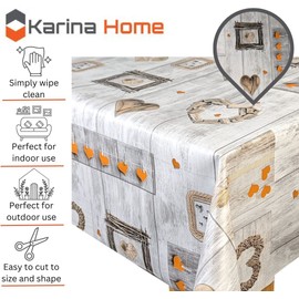 Karina Home Orange on Grey Wood Effect Love Hearts Wipe Clean Tablecloth Vinyl PVC Table Cover Wipeable Table Cloth (Orange, 180cm x 140cm)