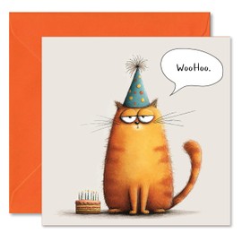 WooHoo Moody Cat Funny Birthday Greetings Card - Blank Inside - Includes Orange Coloured Envelope - Made in the UK