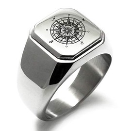 Stainless Steel Nautical Vintage Compass Square Flat Top Biker Style Polished Ring, Size 9