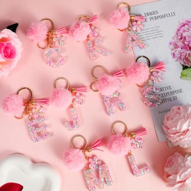 JSRQT Initial Letter A Keychain for Girls, Cute Pink Flower Resin Alphabet Keyrings, Flower Bag Charm Pendants with Sequins and Pink Poms, Car Keyring for Women Handbags Backpack Decor