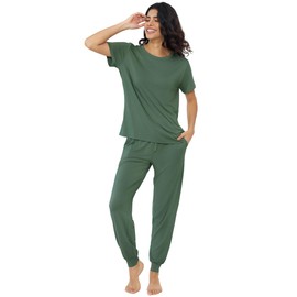 Joyaria Jogger Pajama Set for Women Ultra Soft Bamboo Pj Short Sleeve Sleepwear Long Pants Sleep Set (Olive Green, XXL)
