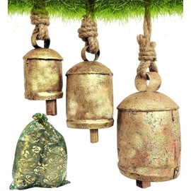 MAI Set of 3 Giant Harmony Metal Cow Bells Huge Vintage Handmade Rustic Christmas Hanging Bells on Rope.