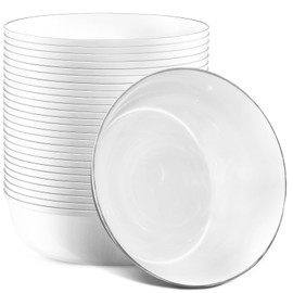 Cheery Land 30 Pcs White Plastic Mixing Bowls With Silver Rim for Kitchen, Ice Cream Cups Plastic Serving Bowls 12 oz, Thanksgiving Premium Heavy Duty Kids Dessert Bowls Disposable for Party