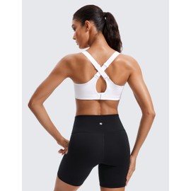 CRZ YOGA Womens Zip Front High Impact Sports Bra - Molded Cup Wireless Workout Yoga Bra with Adjustable Convertible Straps White 34D