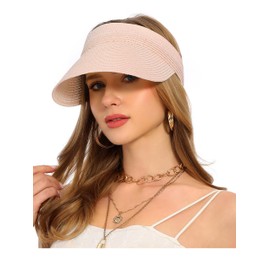 soul young Womens Beach Straw Sun Visor Hat Ponytail Hole UV Protection Wide Brim Summer Cap Packable for Travel UPF 50+(One Size,Pink)
