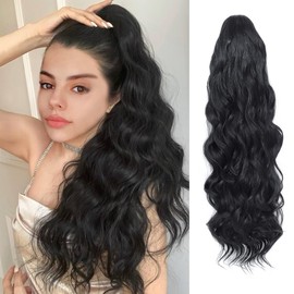 AFNOTE Ponytail Extension,24 Inch Long Curly Wavy Drawstring Ponytail Hair Extensions Synthetic Clip in Pony Tails Hairpiece for Women Girl(Black)