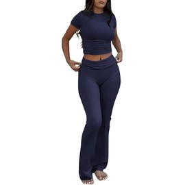 COPYLEAF Two Piece Lounge Sets for Women Fold Over Flare Pants Short Sleeve Crop Top Y2k Outfits Matching Set Tracksuit(Navy Blue L)